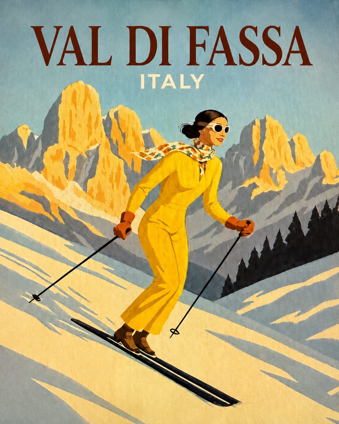 Poster vintage Val di Fassa con sciatrice